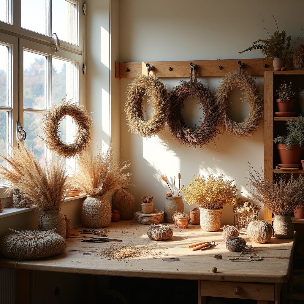 Atelierwerkstatt mit getrockneten Blumen und Arrangements in Graz
