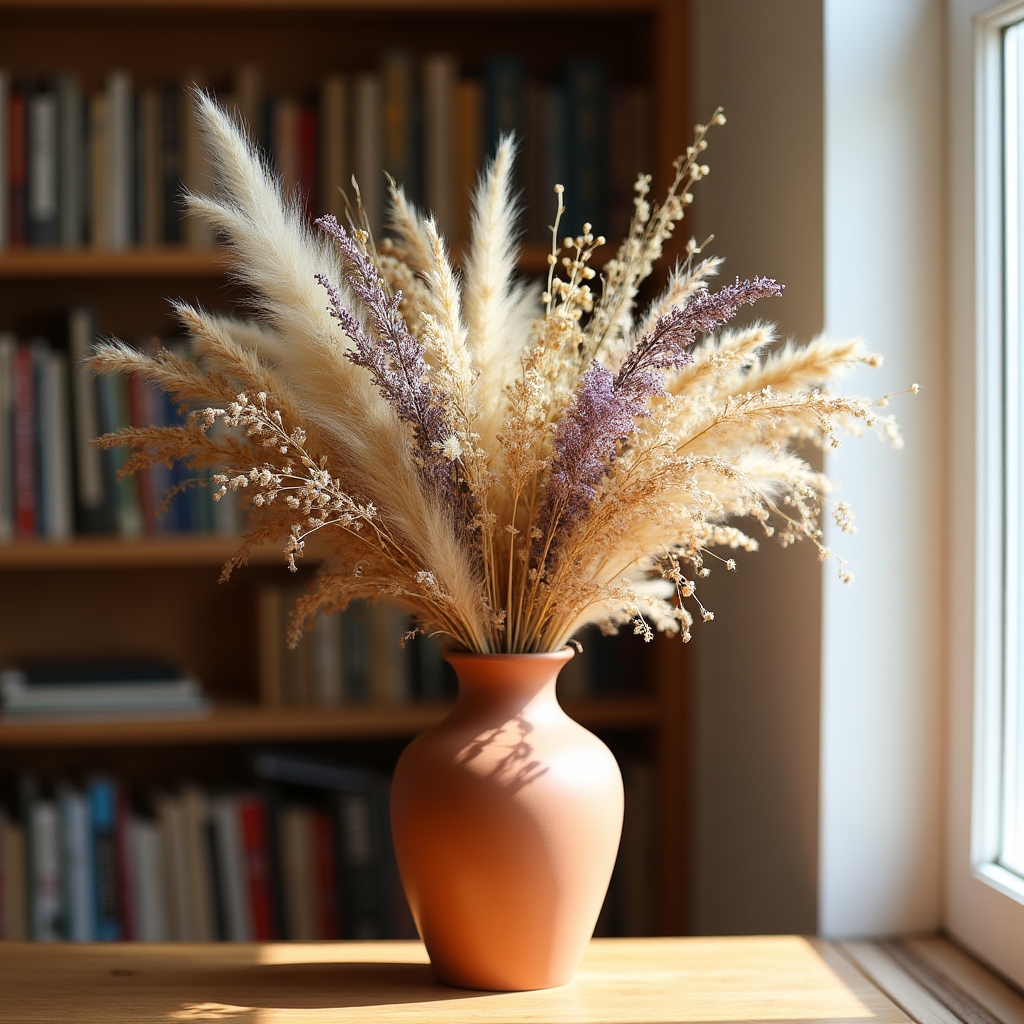 Strauß aus getrockneten Wildblumen und Gräsern in einer Vase ohne Wasser