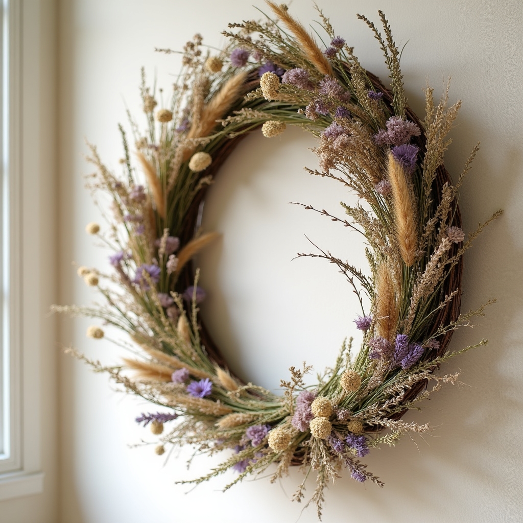 Botanischer Wandkranz aus getrockneten Wildblumen an einer hellen Wand
