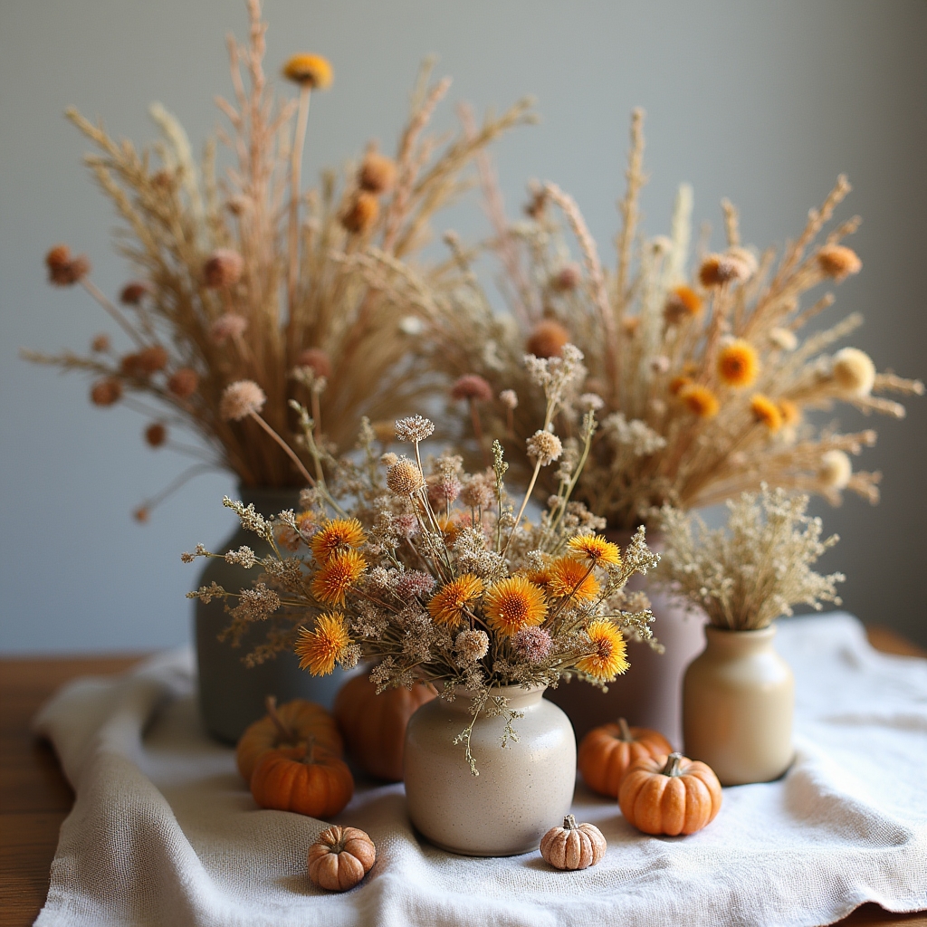 Herbstliche Kollektion aus getrockneten Samenstöcken, Disteln und Gräsern
