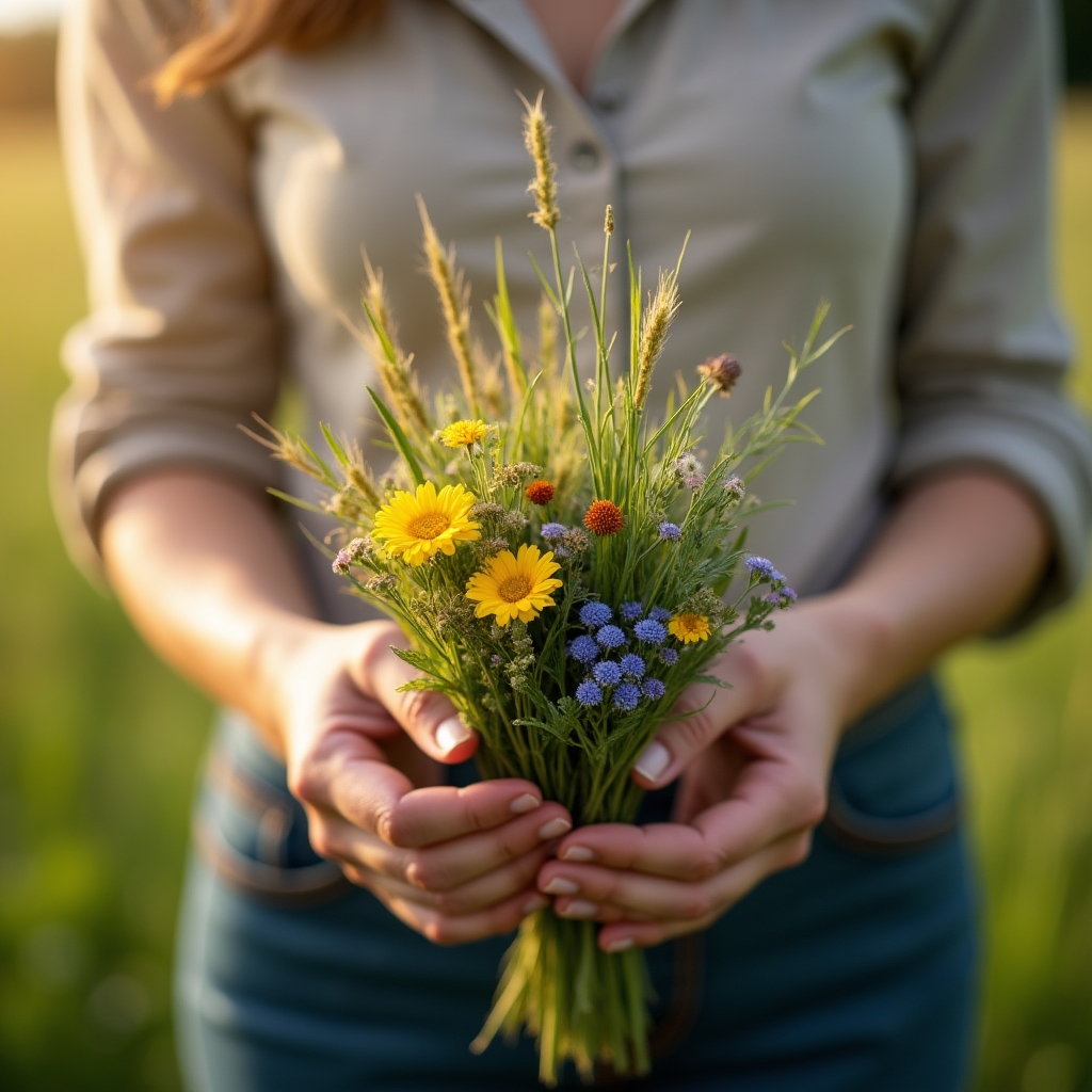 Hände beim Sammeln von Wildblumen auf einer Wiese im Wienerwald