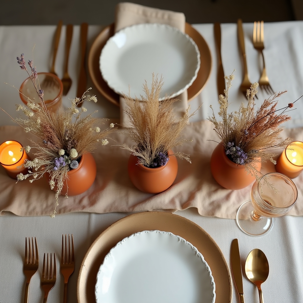 Elegante Tischgestecke aus getrockneten Blumen für eine Hochzeitstafel
