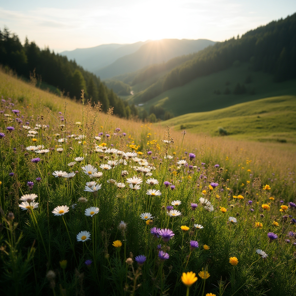 Wildblumenwiese im Wienerwald mit bunten Gräsern und Blumen